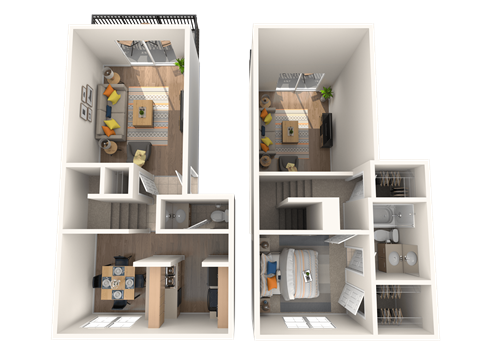 Floor plan for 1 bed, 1.5 baths, 838 sqft